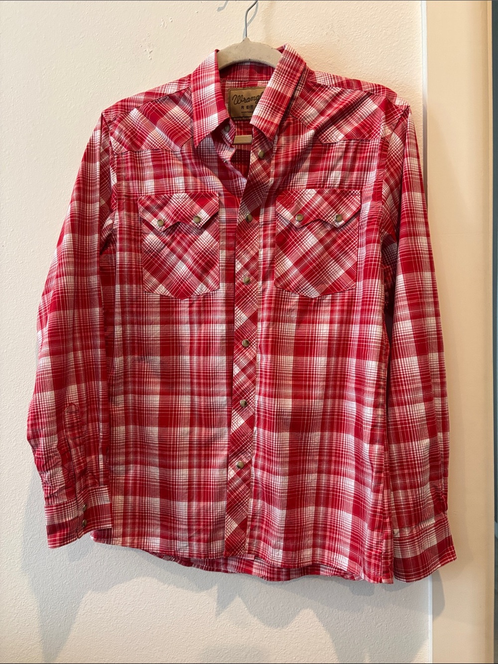 Wrangler Retro Red White Plaid Button-Down Western Shirt Snap Button XL